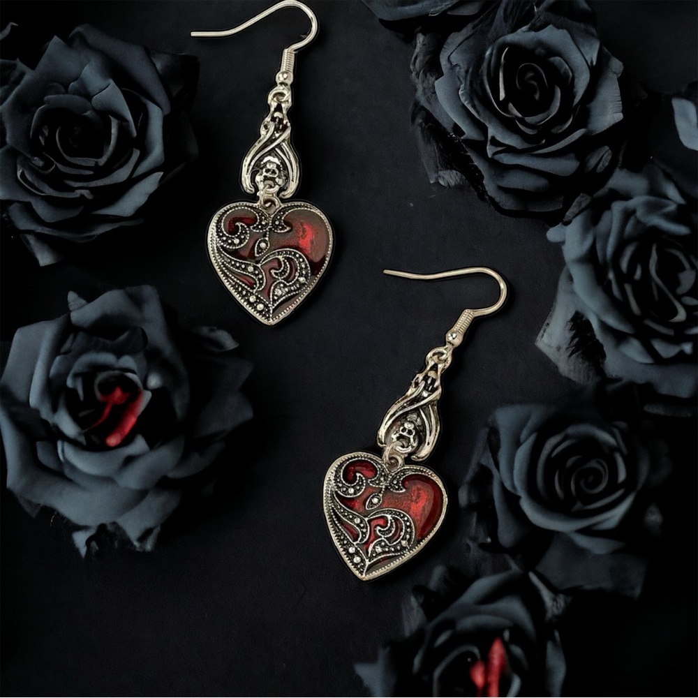 Gothic Retro Style Bat Red Heart‎ Zinc Alloy Dangle Earrings